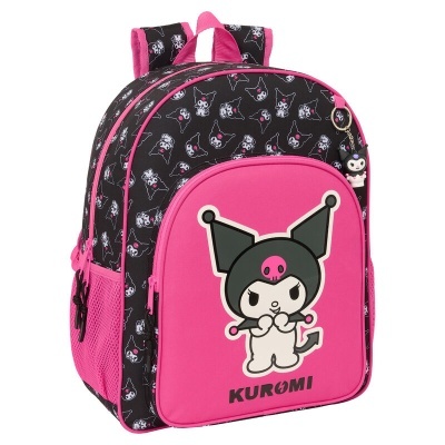 Mochila infantil rosa e preta com personagem Kuromi e chaveiro