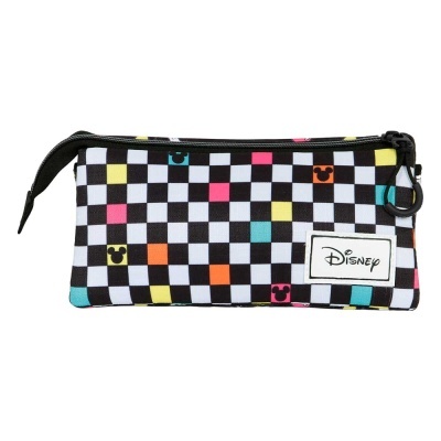 Estojo escolar xadrez preto e branco com quadrados coloridos e etiqueta Disney