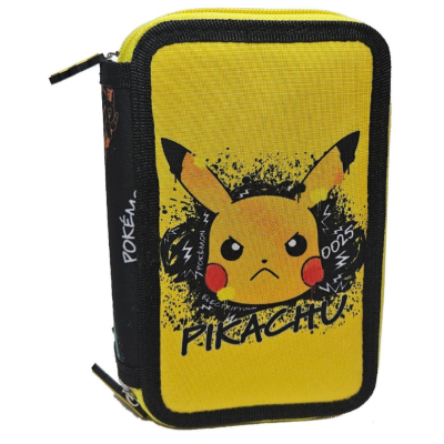 Estojo escolar amarelo com Pikachu e texto Pokémon
