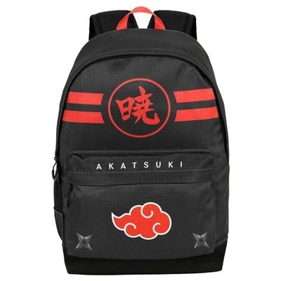 Mochila preta com símbolos vermelhos e texto AKATSUKI