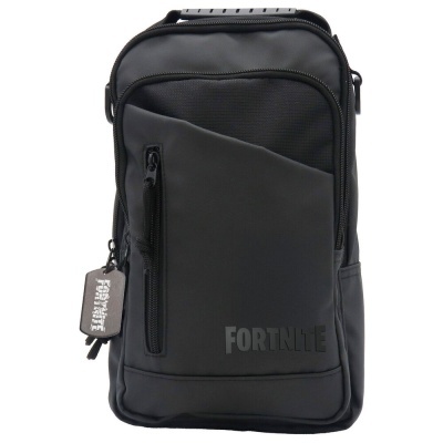 Mochila preta pequena com bolso frontal e logótipo Fortnite