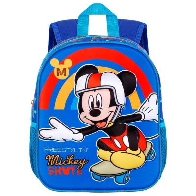 Mochila azul com imagem do Mickey Mouse a andar de skate
