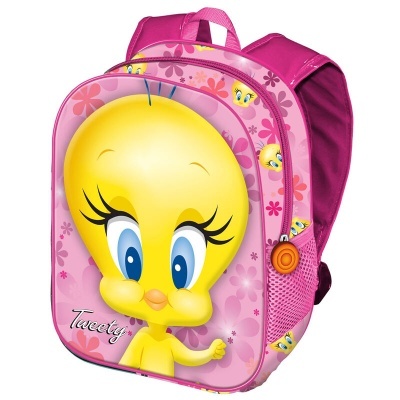 Mochila rosa com estampa do personagem Tweety e flores