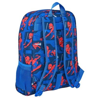 mochila azul com estampa do Homem-Aranha e bolso lateral em rede