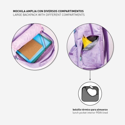 Mochila lilás com compartimentos para cadernos e bolso térmico forrado a PEVA