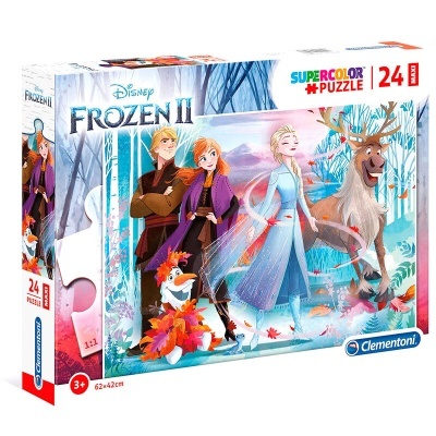 Caixa de quebra-cabeças Frozen II com 24 peças e personagens principais em floresta colorida.