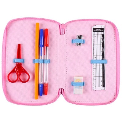 Estojo escolar rosa com material de escrita e régua