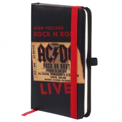 Caderno preto com elástico vermelho e capa temática AC/DC Rock or Bust