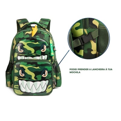 Mochila infantil camuflada com design de rosto e fecho de segurança