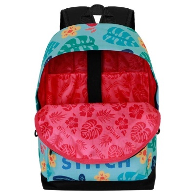 Mochila colorida com padrão floral e folhas, interior vermelho estampado com folhas e texto
