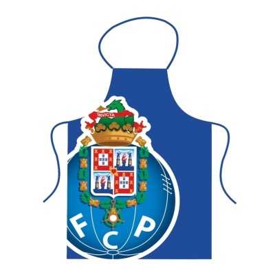 Avental azul com brasão do FC Porto e letras FC P brancas