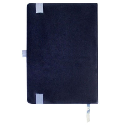 Caderno de capa dura azul escuro com fitas elásticas cinzentas