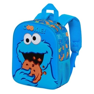 Mochila azul com desenho de personagem a comer bolacha e texto COOKIE!