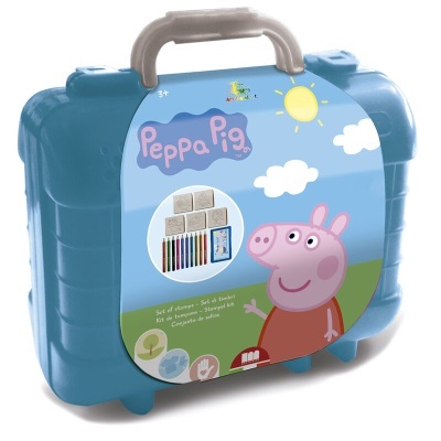 Estojo azul com pega cinzenta e etiqueta da Peppa Pig com conjunto de arte