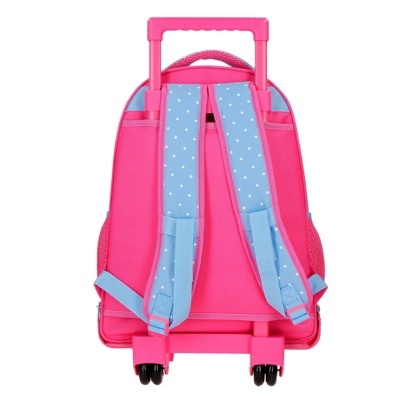 Mochila cor de rosa com carrinho e alças azul claro às bolinhas