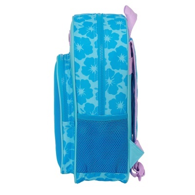 Mochila infantil azul com padrão floral vista lateral