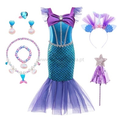 fantasia de sereia infantil azul e roxa com acessórios