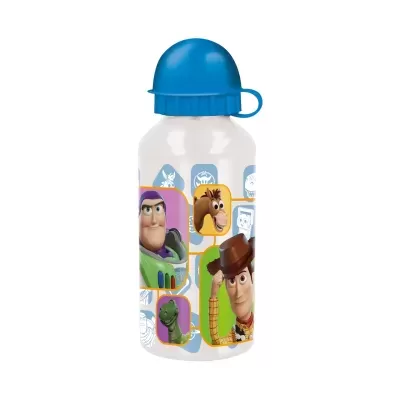 Garrafa infantil Toy Story com personagens coloridos e tampa azul
