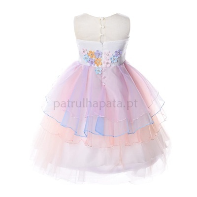 Vestido infantil com flores bordadas e saia rodada colorida