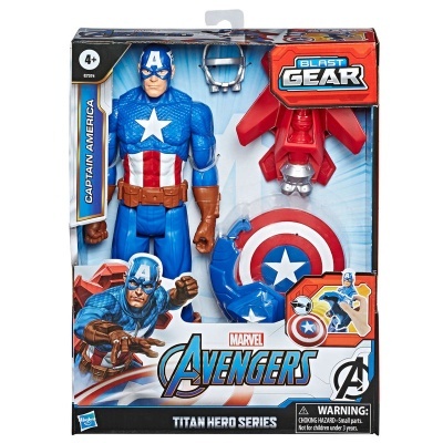 Figura de ação Captain America com acessórios Blast Gear na embalagem
