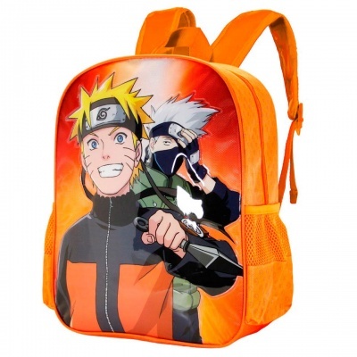 Mochila laranja com personagens de anime na frente