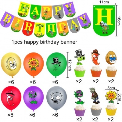 Conjunto colorido de festa com banner 'HAPPY BIRTHDAY', balões e cupcakes decorados com personagens de desenhos animados.