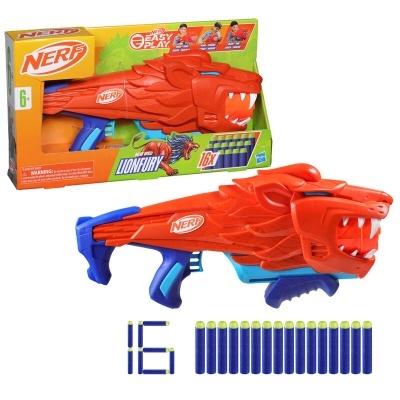 Arma Nerf laranja com design de cabeça de leão e 16 dardos azuis com pontas amarelas