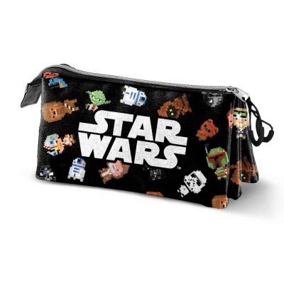 Estojo preto Star Wars com personagens pixeladas e fecho éclair