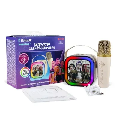 Conjunto de karaokê Bluetooth com microfone dourado e altifalante LED colorido com personagens