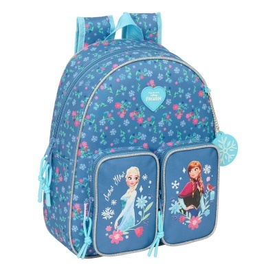 Mochila azul infantil com flores e personagens de Frozen