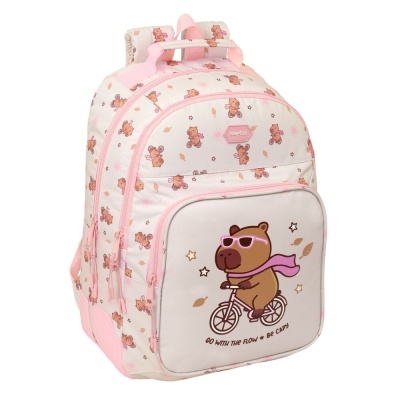 Mochila infantil branca e rosa com padrão de ursos a andar de bicicleta