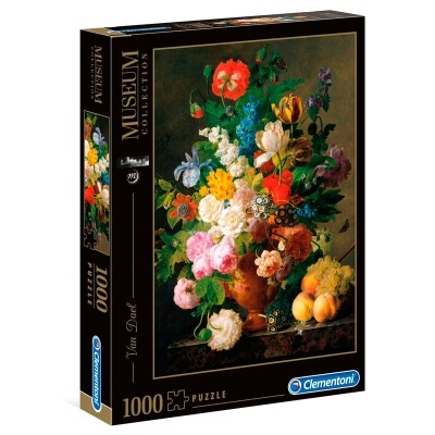 Caixa de puzzle Clementoni 1000 peças com imagem de vaso de flores coloridas e frutas