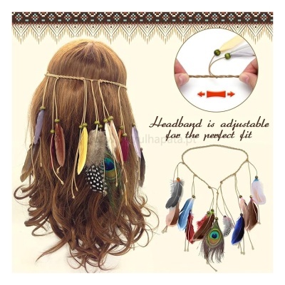 Headband ajustável com penas coloridas e cordão castanho
