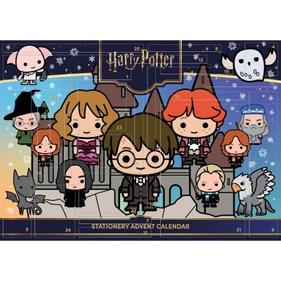 Calendário do advento Harry Potter com personagens e símbolos coloridos
