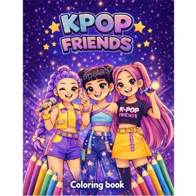 Capa de livro de colorir KPOP FRIENDS com três personagens femininas e lápis de cor