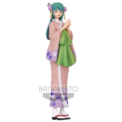 Figura colecionável personagem feminina de kimono rosa com flores e cabelo azul segurando tecido verde