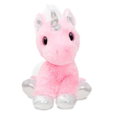 Peluche de unicórnio rosa com patas e chifre prateados