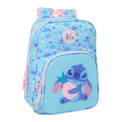 Mochila azul com personagens do Stitch e padrões de ananases e coqueiros