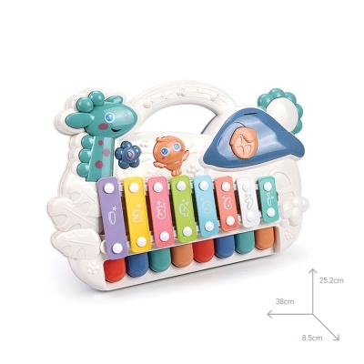 Xilofone infantil colorido com figuras de dinossauro e pássaro