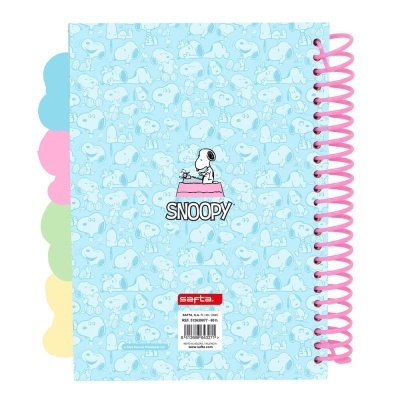 Caderno espiral azul com desenhos do Snoopy e divisórias coloridas