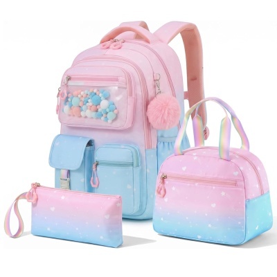 Conjunto de mochila, mala de mão e estojo rosa e azul com padrão de corações e estrelas