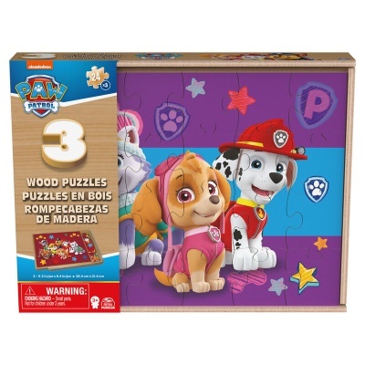 Caixa de puzzles de madeira PAW Patrol com personagens caninos coloridos