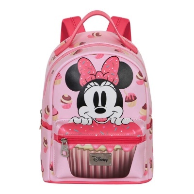 Mochila cor-de-rosa com Minnie Mouse e padrão de cupcakes