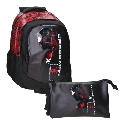 mochila escolar Spider-Man preta e vermelha com estojo preto com imagem Spider-Man