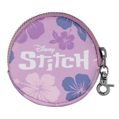 Bolsa redonda rosa com padrão floral e texto Disney Stitch