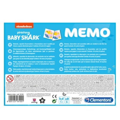 Embalagem do jogo MEMO Baby Shark da Clementoni azul com texto e símbolos