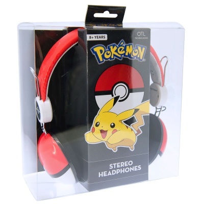 Auscultadores estéreo Pokémon vermelhos e brancos na embalagem com Pikachu na frente