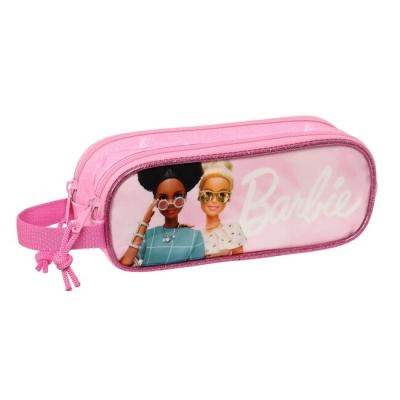 Estojo escolar rosa com estampa das bonecas Barbie