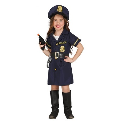 Criança em fato de polícia azul escuro com chapéu e botas