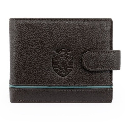 Carteira castanha de pele com logo Sporting Portugal e risca azul celeste.